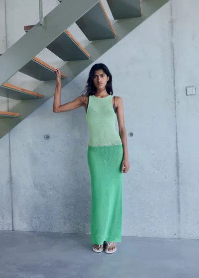 Mango Long Two-tone Crochet Dress Green