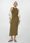 Mango Bow Knitted Dress Khaki In Kaki