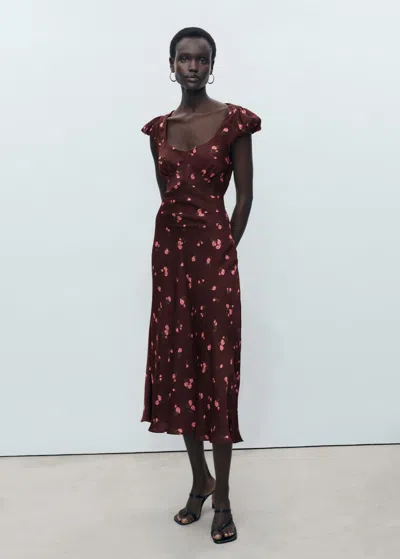 Mango Short-sleeved Floral Midi Dress Brown