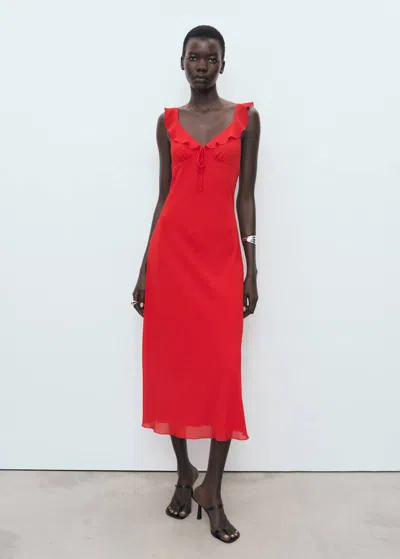 Mango Midi Dress With Ruffle Neckline Red