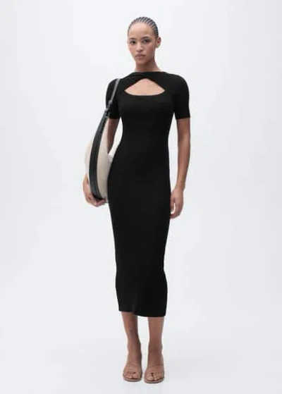 Mango Ribbed Midi Dress With Slit Neckline Black