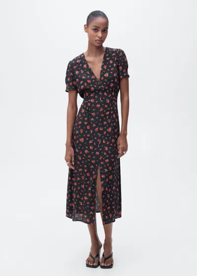 Mango Floral Print Midi Dress In Noir