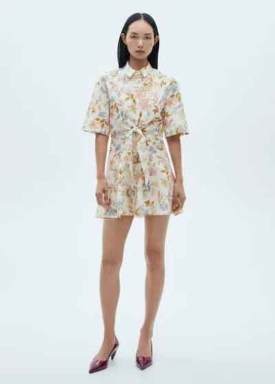 Mango Floral-print Dress With Knot Ecru In Écru