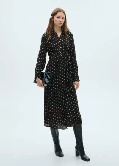 Mango Polka Dot Shirt Dress With Knot Detail Black