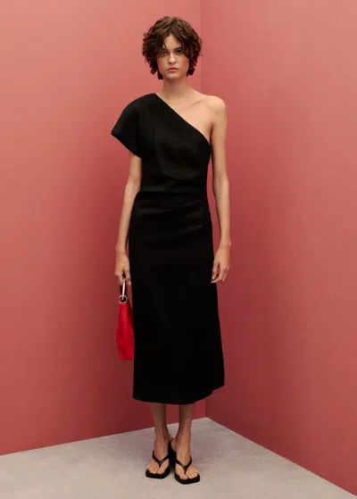 Mango Asymmetrical Linen Dress Black