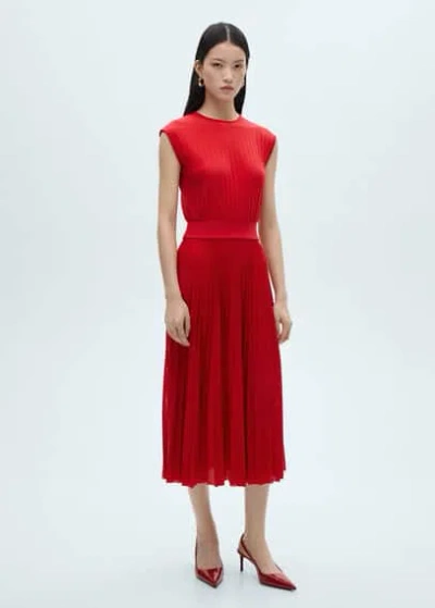 Mango Elastic Waist Pleated Dress Red In Rouge