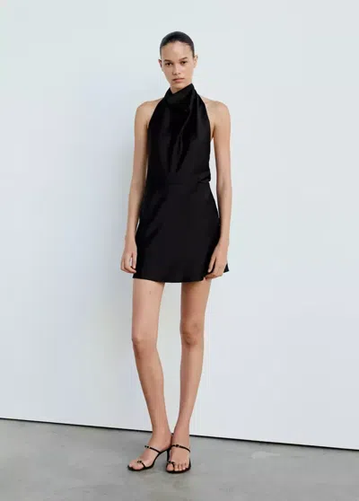 Mango Robe Satin Col Bénitier In Noir