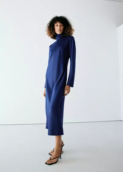 Mango Robe Satinée Col Montant In Bleu Nuit