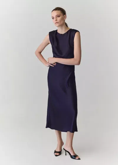 Mango Robe Satinée Épaulettes In Bleu Nuit