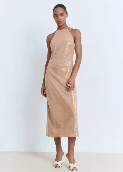Mango Sequined Halter Neck Dress Nude In Brown