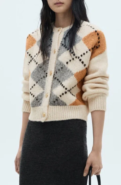 Mango Rombin Argyle Cardigan In Ecru