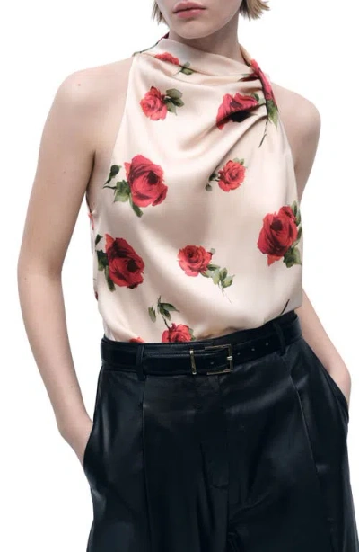 Mango Rose Print Sleeveless Satin Shirt In Ecru