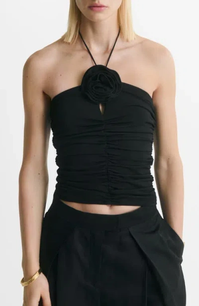 Mango Rosette Ruched Halter Top In Black