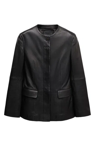 Mango Round Neck Leather Blazer In Black