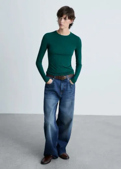 Mango Round-neck Long-sleeved T-shirt Dark Green
