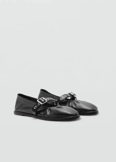 Mango Round-toe Ballerina Shoes With Buckle Black In Black