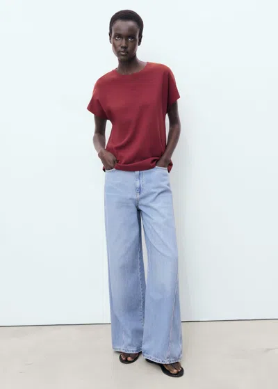 Mango Rounded Neck Cotton T-shirt Burgundy