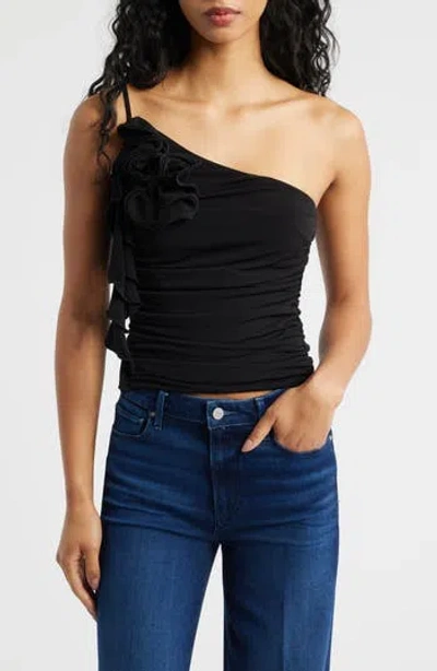 Mango Ruched Asymmetrical One-shoulder Top With Ruffle Trim In Black