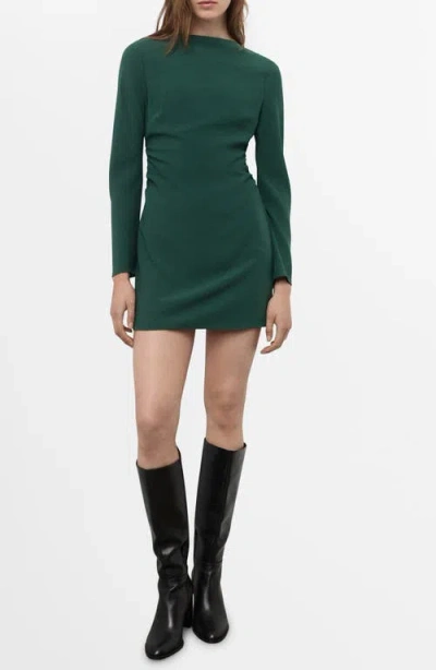 Mango Ruched Bateau Neck Long Sleeve Minidress In Green