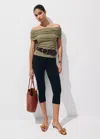 Mango Ruched Boatneck T-shirt In Khaki