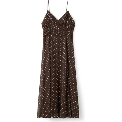 Mango Ruched Dot Sleeveless Maxi Dress In Brown