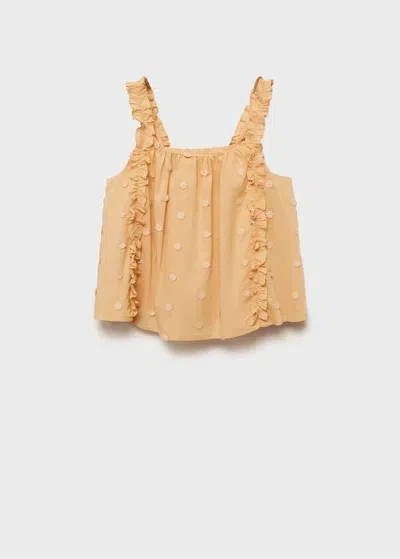 Mango Kids' Ruched Embroidered Blouse Mustard
