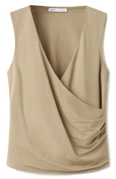 Mango Ruched Faux Wrap Top In Brown