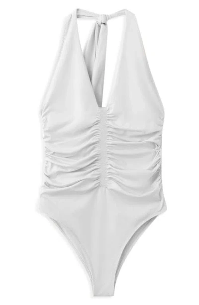 Mango Ruched Halter One Piece Swimsuit In White