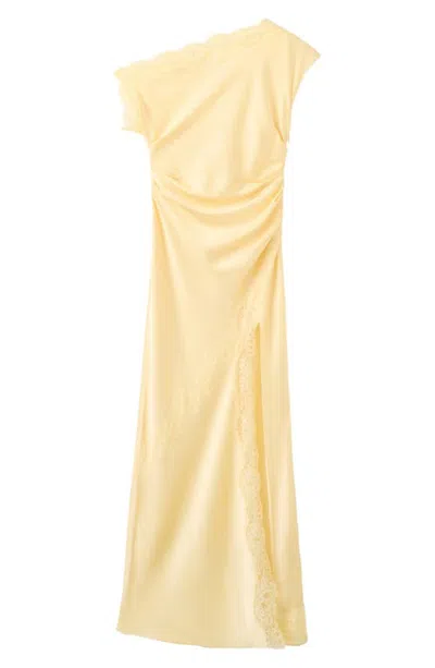 Mango Ruched Lace Trim One-shoulder Satin Maxi Dress In Yellow