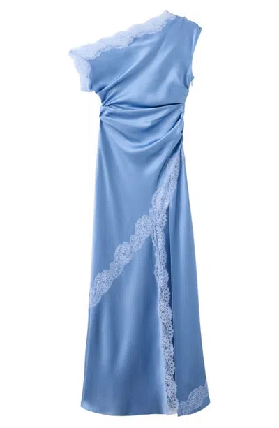 Mango Ruched Lace Trim One-shoulder Satin Maxi Dress In Blue