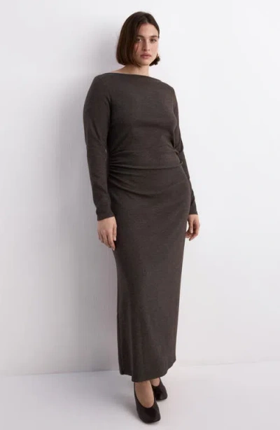 Mango Ruched Long Sleeve Knit Maxi Dress In Gray