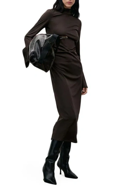Mango Ruched Long Sleeve Midi Dress In Brown