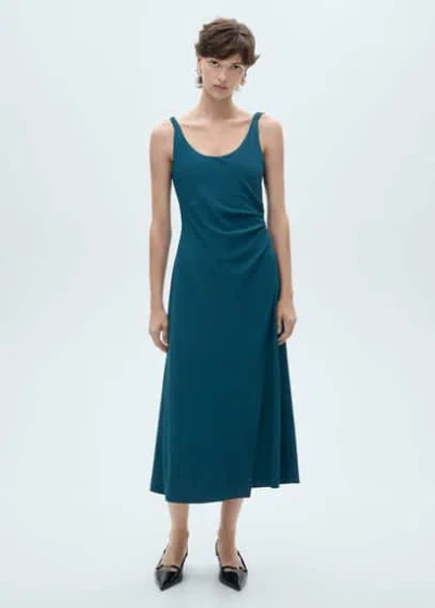 Mango Ruched Midi Dress Petrol Blue