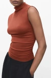 Mango Ruched Mock Neck Sleeveless Top In Brown