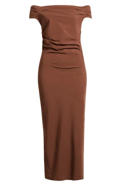 Mango Ruched Off The Shoulder Sheath Dress In Brown