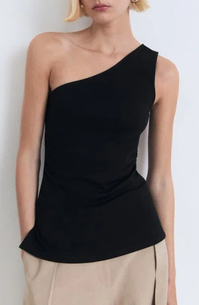 Mango Ruched One-shoulder Top In Black