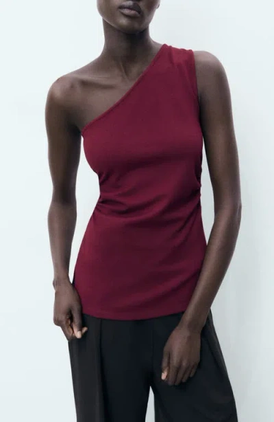 Mango Ruched One-shoulder Top In Burgundy