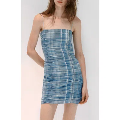 Mango Ruched Plaid Minidress In Blue