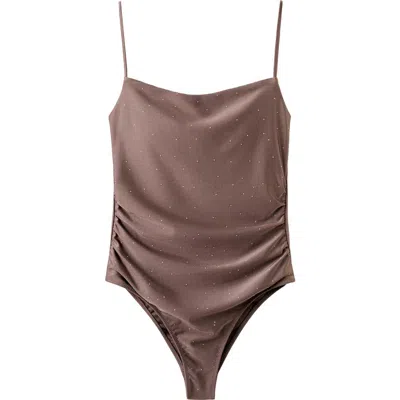 Mango Swimsuit With Rhinestones And Ruched Sides In Brown