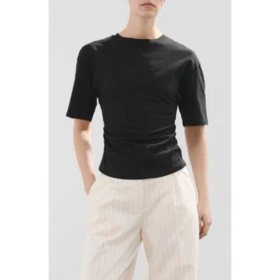 Mango Ruched Side Cotton T-shirt In Black