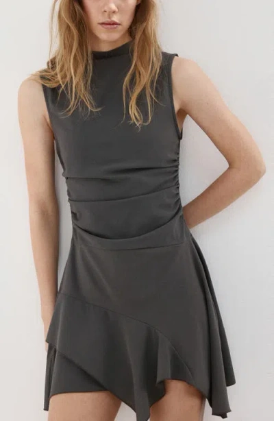 Mango Ruched Side Seam Handkerchief Hem Minidress In Gray