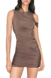Mango Ruched Single Cold Shoulder Short Sleeve Minidress In Brown