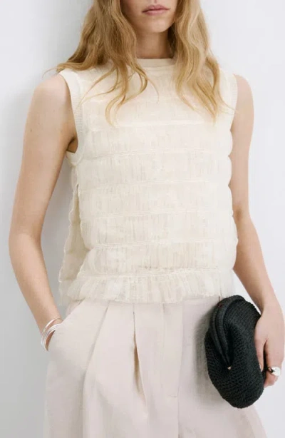 Mango Ruched Sleeveless Mesh Overlay Knit Sweater In Neutral