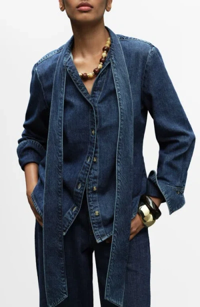 Mango Rue Tie Neck Denim Button-up Shirt In Blue