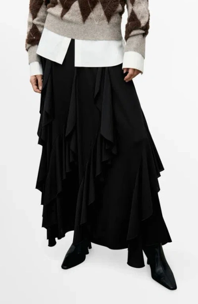 Mango Ruffle Asymmetric Midi Skirt In Black