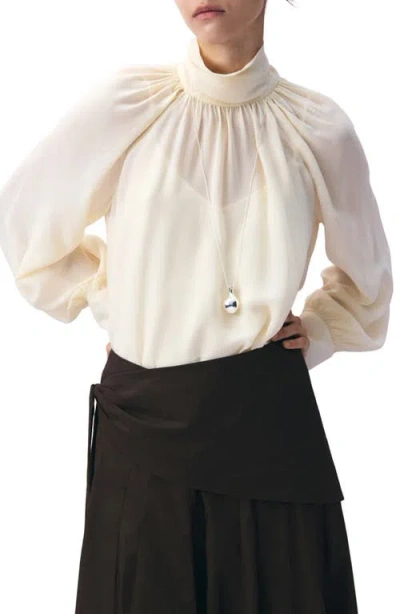 Mango Ruffle Balloon Sleeve Semisheer Top In Neutral