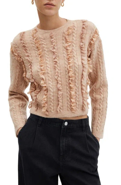 Mango Ruffle Crop Cable Jumper In Pink