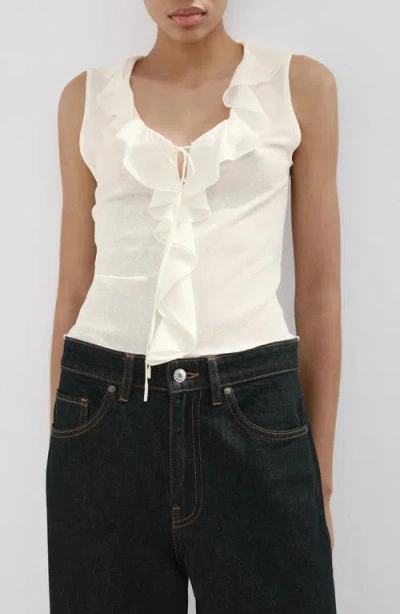 Mango Ruffle Detail V-neck Top In White
