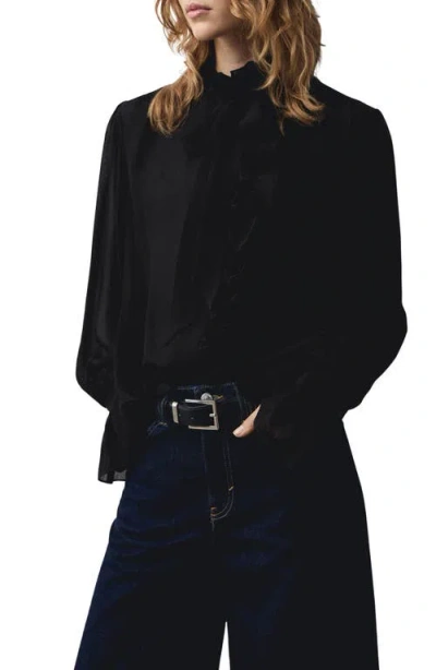 Mango Ruffle High Neck Top In Black