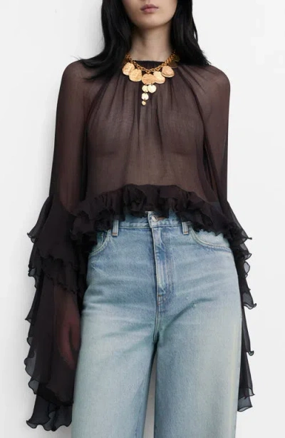 MANGO MANGO RUFFLE LONG SLEEVE CHIFFON TOP 